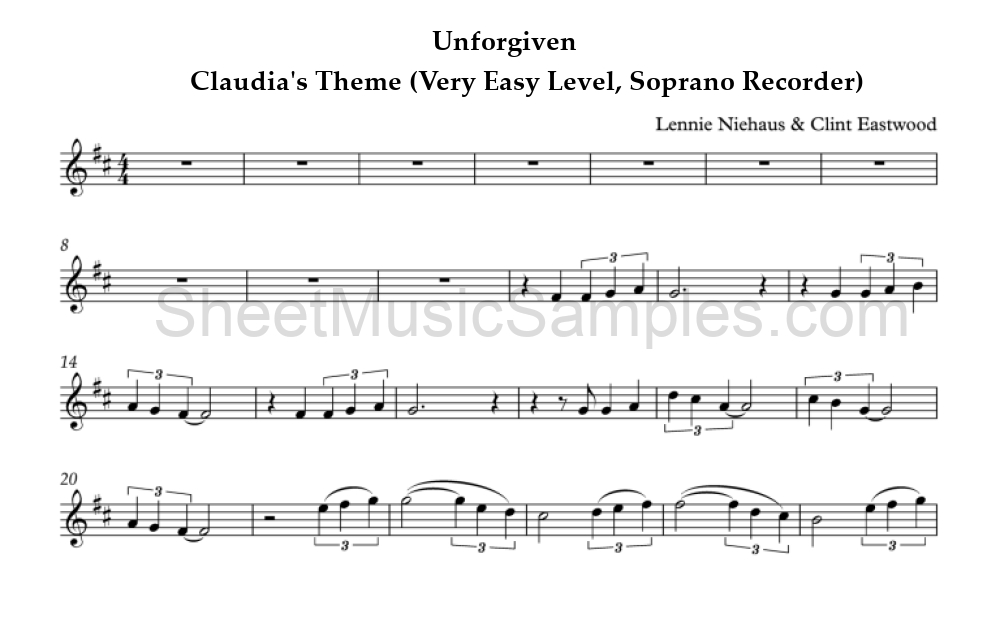 Unforgiven - Claudia's Theme (Very Easy Level, Soprano Recorder)