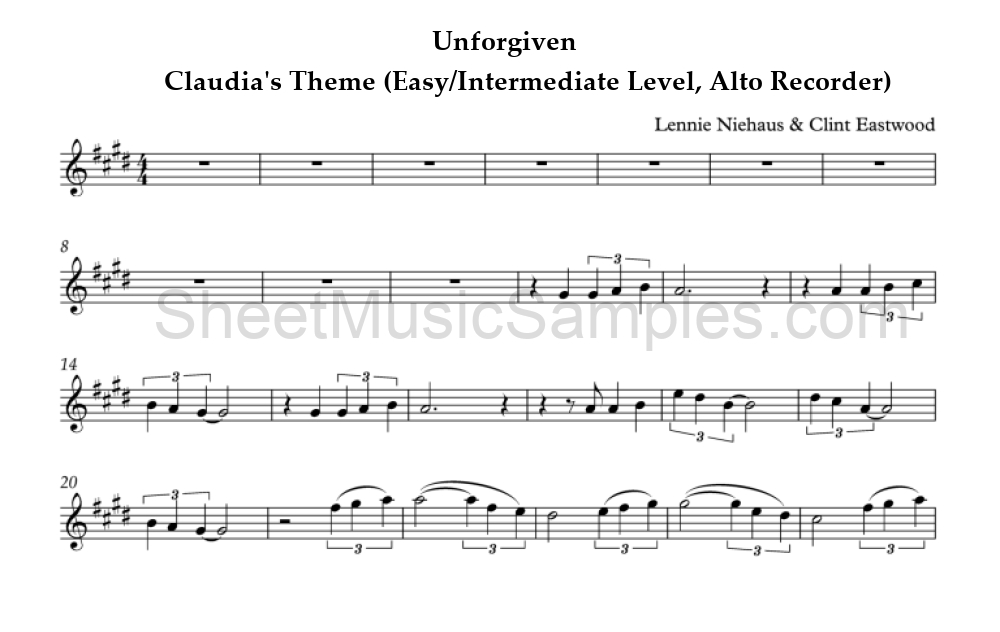 Unforgiven - Claudia's Theme (Easy/Intermediate Level, Alto Recorder)