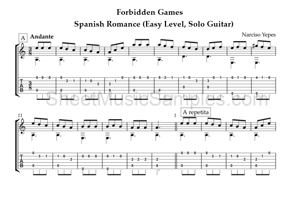 Forbidden Games - Spanish Romance (Easy Level, Solo Guitar)