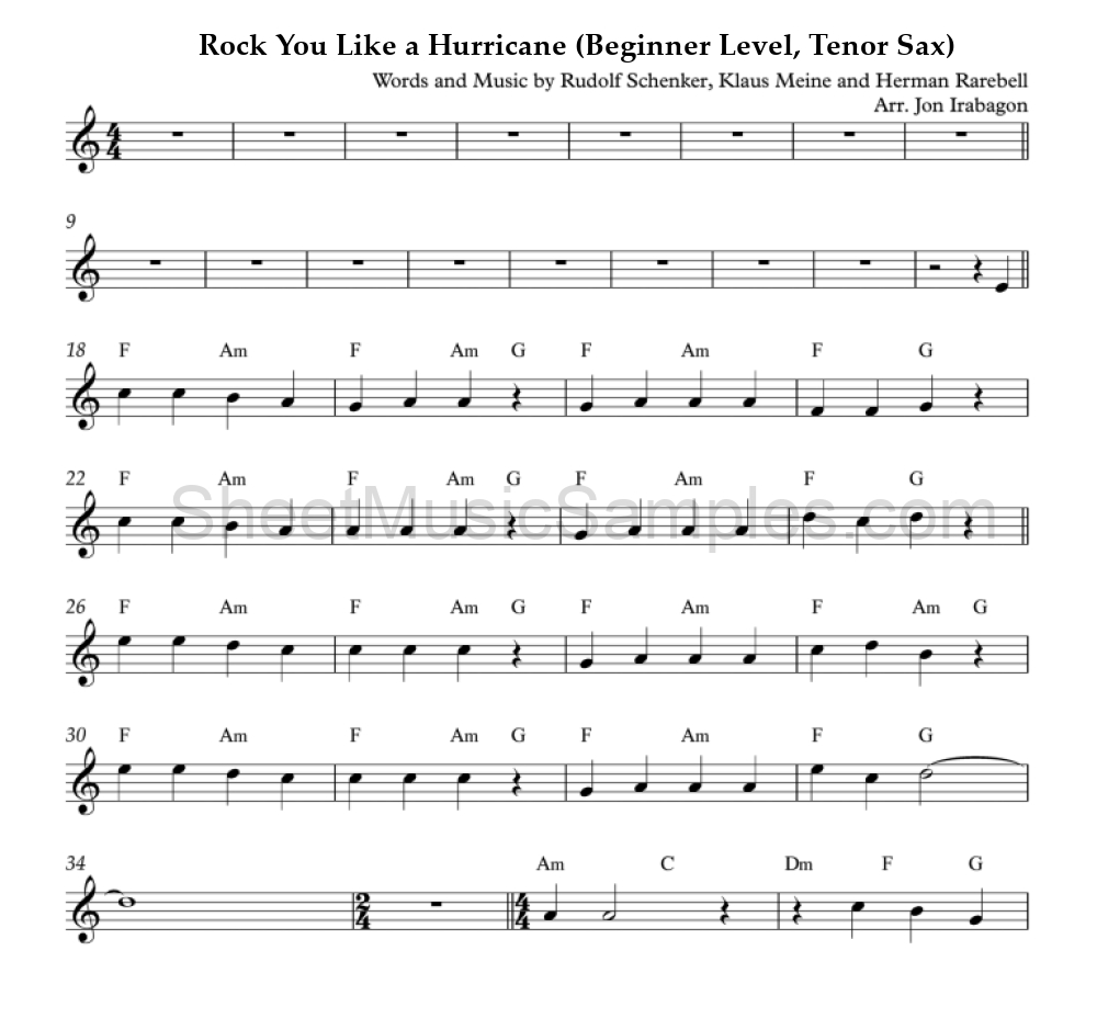 Rock You Like a Hurricane (Beginner Level, Tenor Sax)