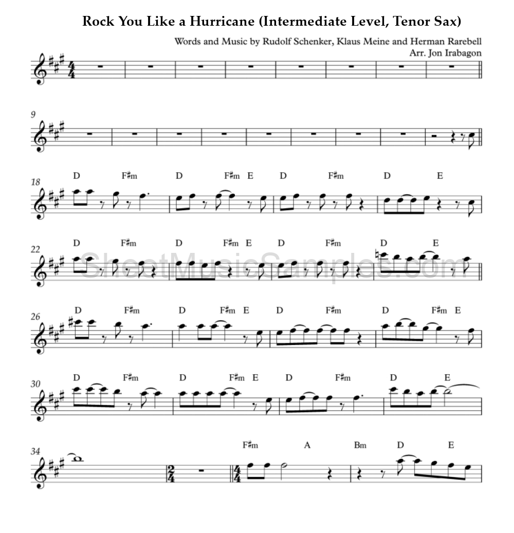 Rock You Like a Hurricane (Intermediate Level, Tenor Sax)