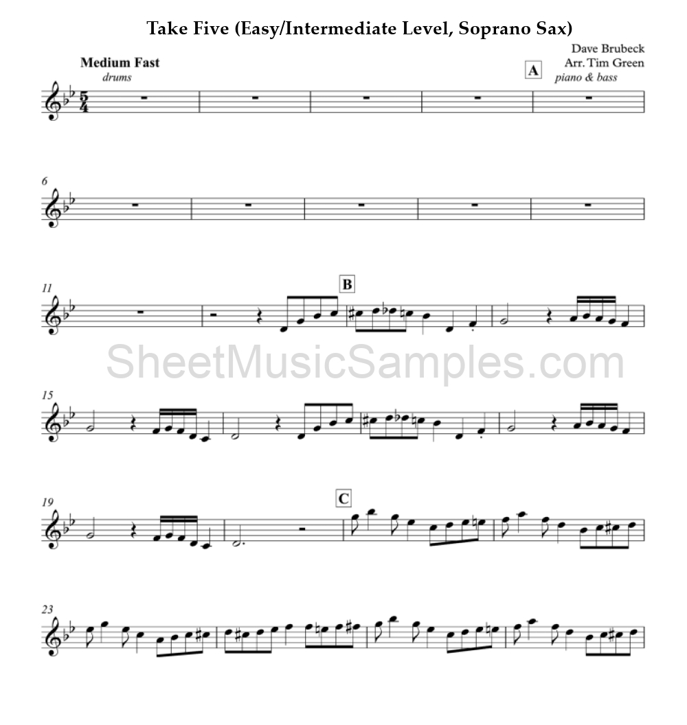 Take Five (Easy/Intermediate Level, Soprano Sax)