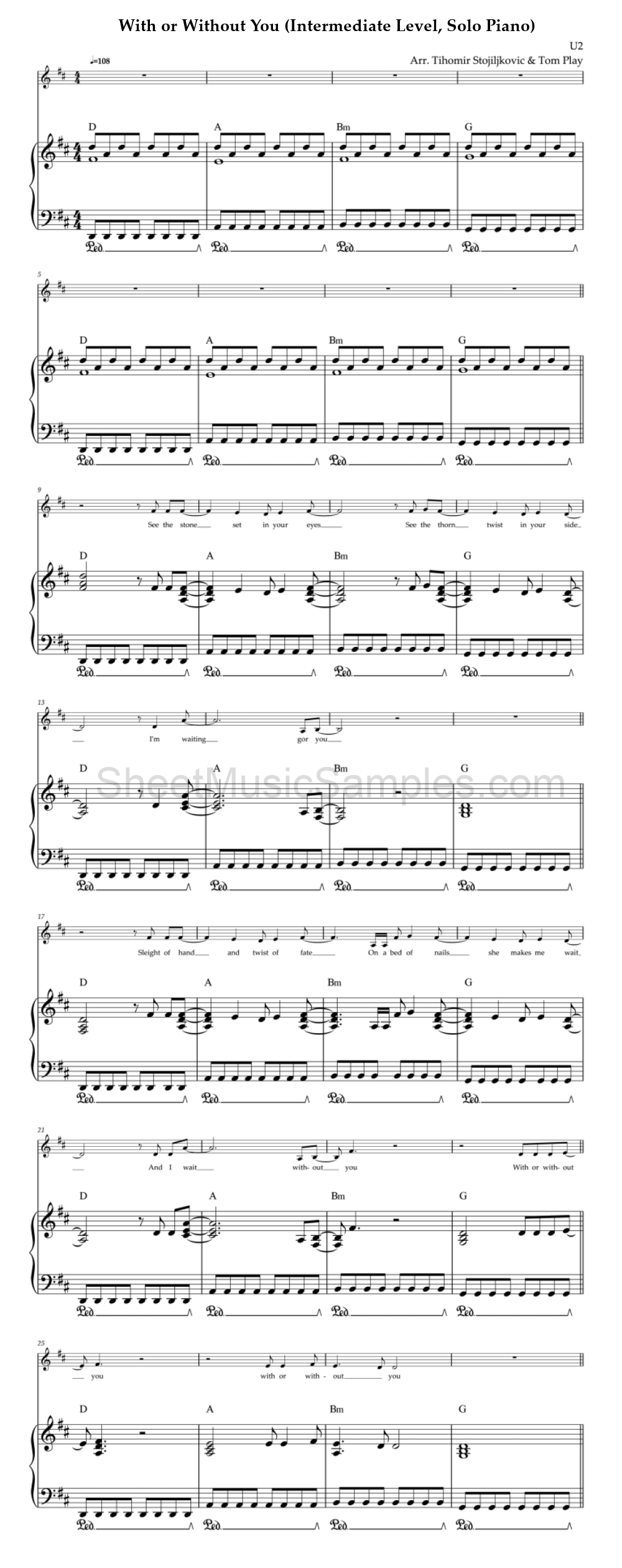 With or Without You (Intermediate Level, Solo Piano)