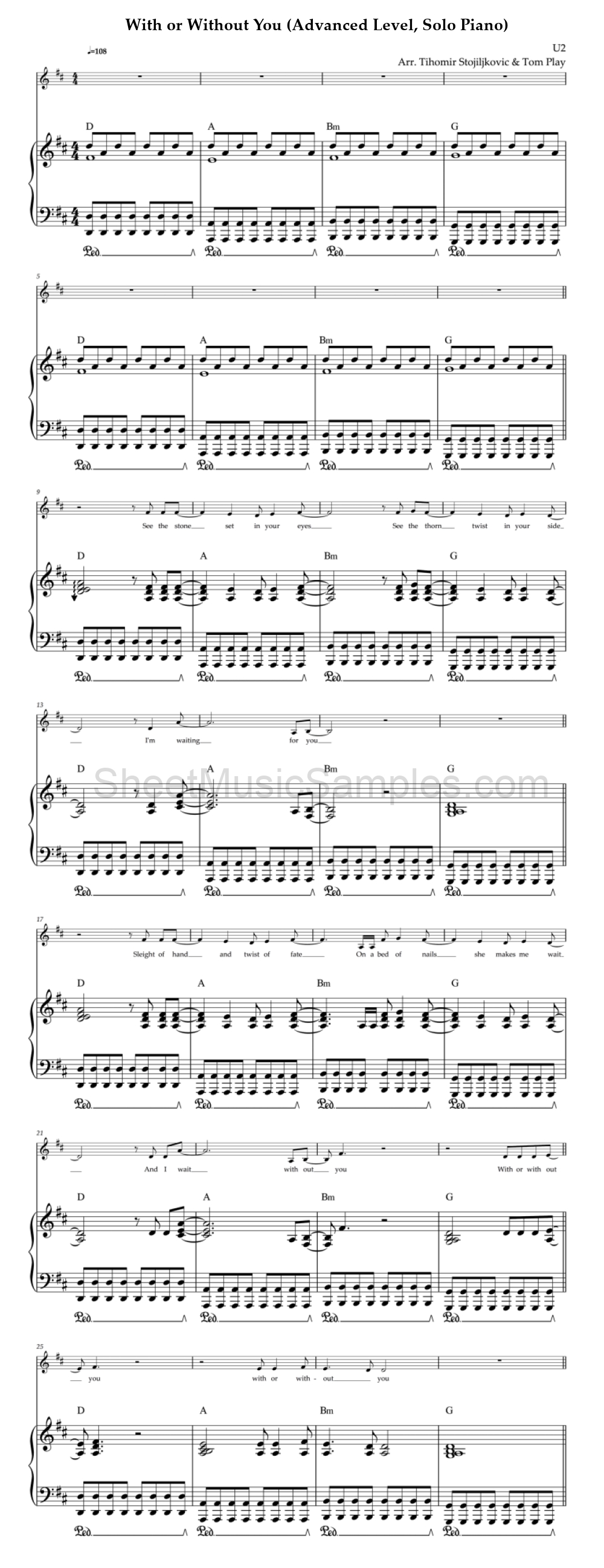 With or Without You (Advanced Level, Solo Piano)