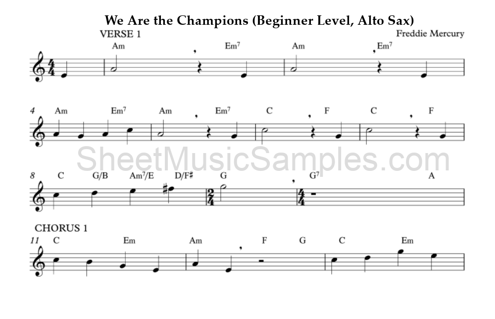 We Are the Champions (Beginner Level, Alto Sax)