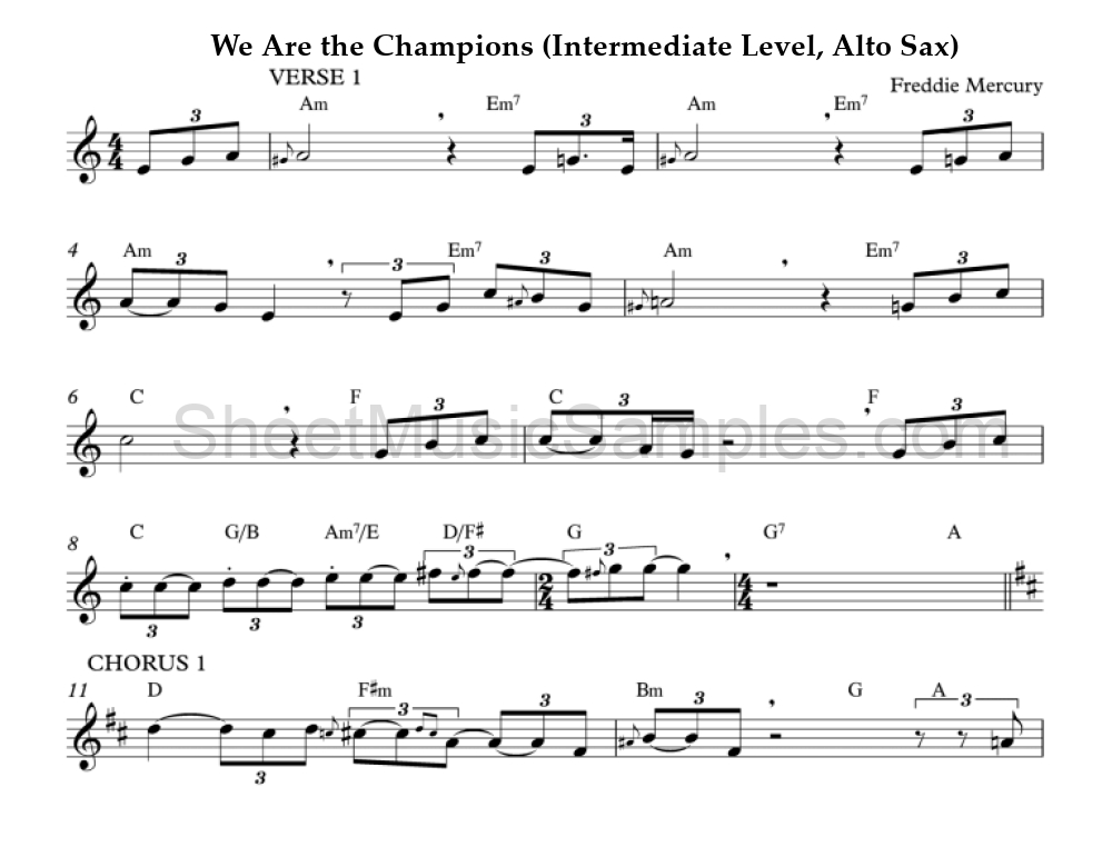 We Are the Champions (Intermediate Level, Alto Sax)