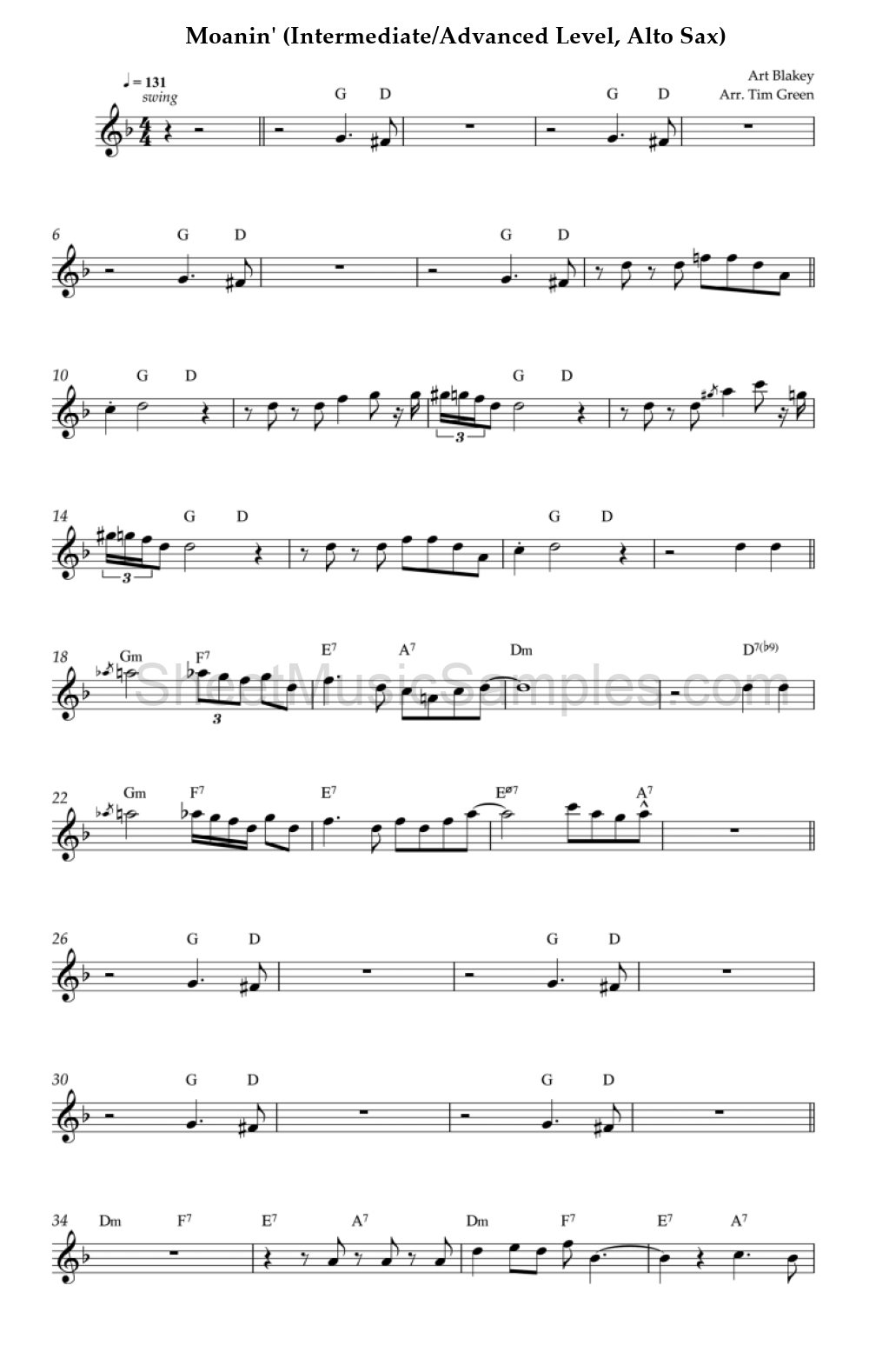 Moanin' (Intermediate/Advanced Level, Alto Sax)