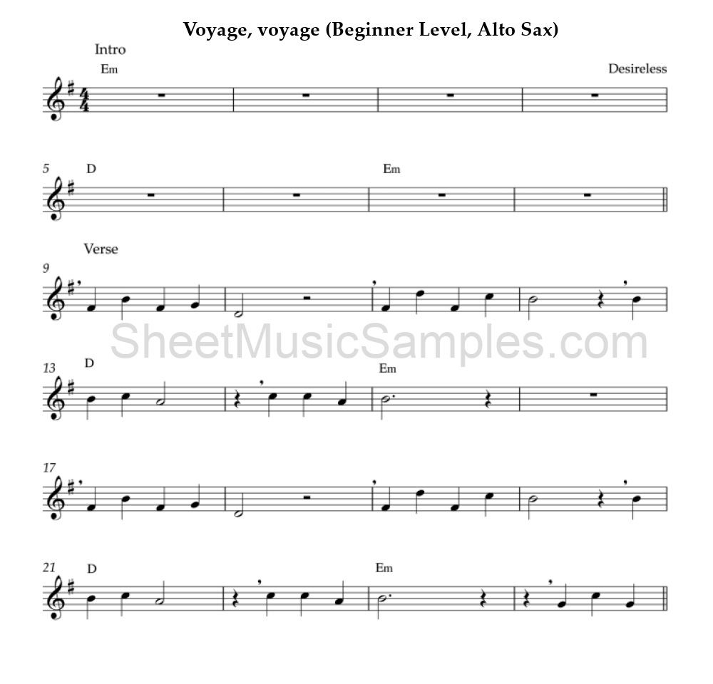 Voyage, voyage (Beginner Level, Alto Sax)