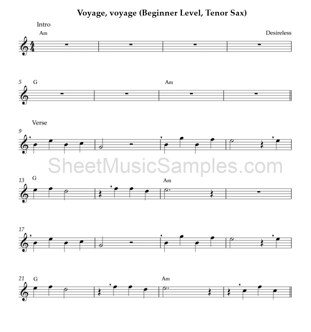 Voyage, voyage (Beginner Level, Tenor Sax)