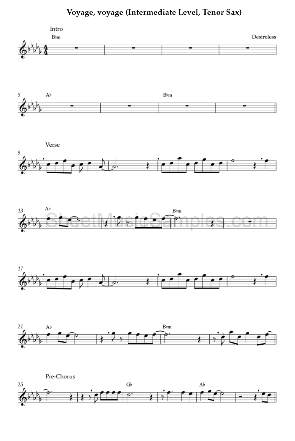 Voyage, voyage (Intermediate Level, Tenor Sax)