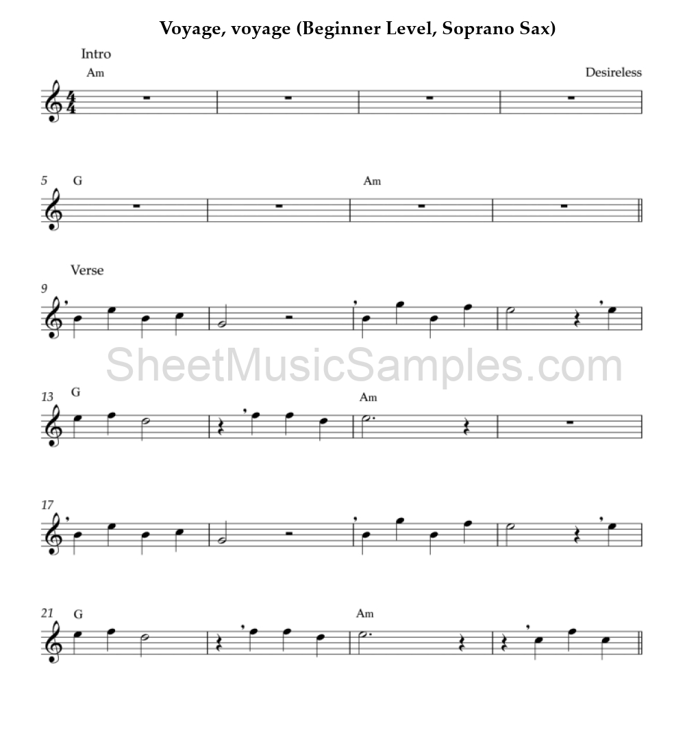 Voyage, voyage (Beginner Level, Soprano Sax)