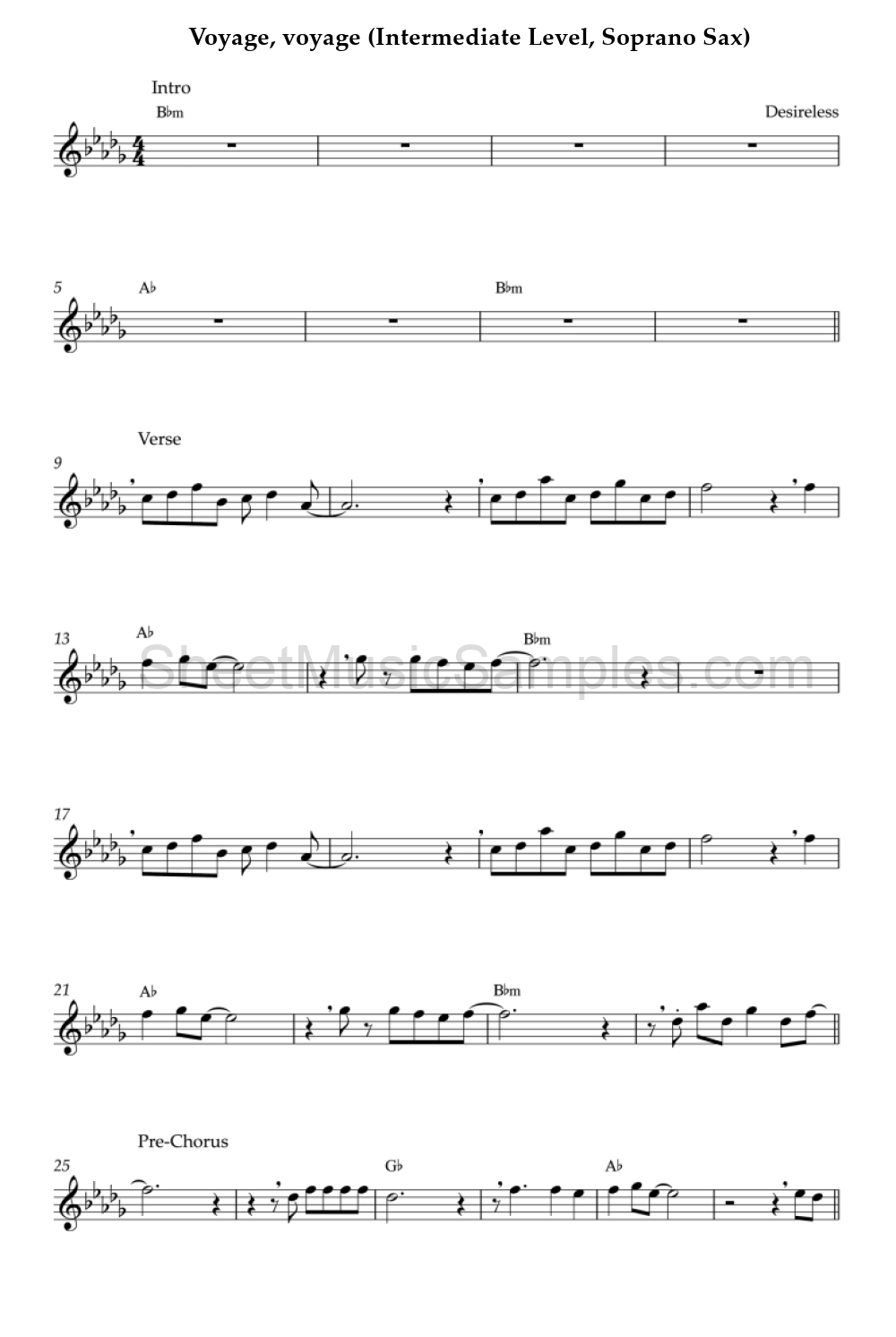 Voyage, voyage (Intermediate Level, Soprano Sax)