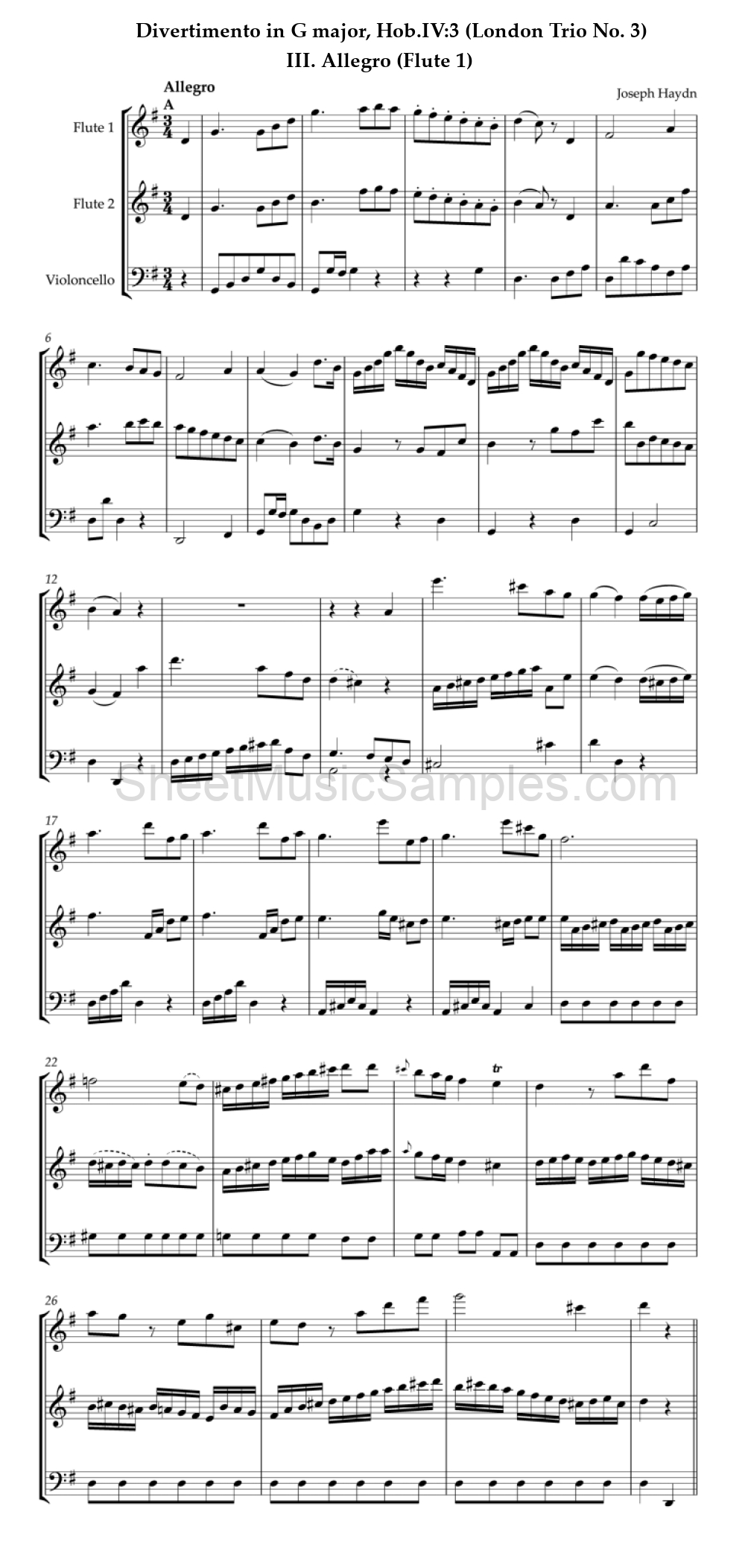 Divertimento in G major, Hob.IV:3 (London Trio No. 3) - III. Allegro (Flute 1)