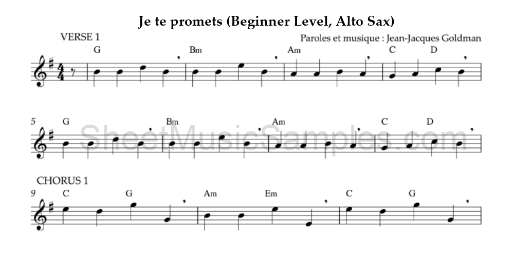 Je te promets (Beginner Level, Alto Sax)