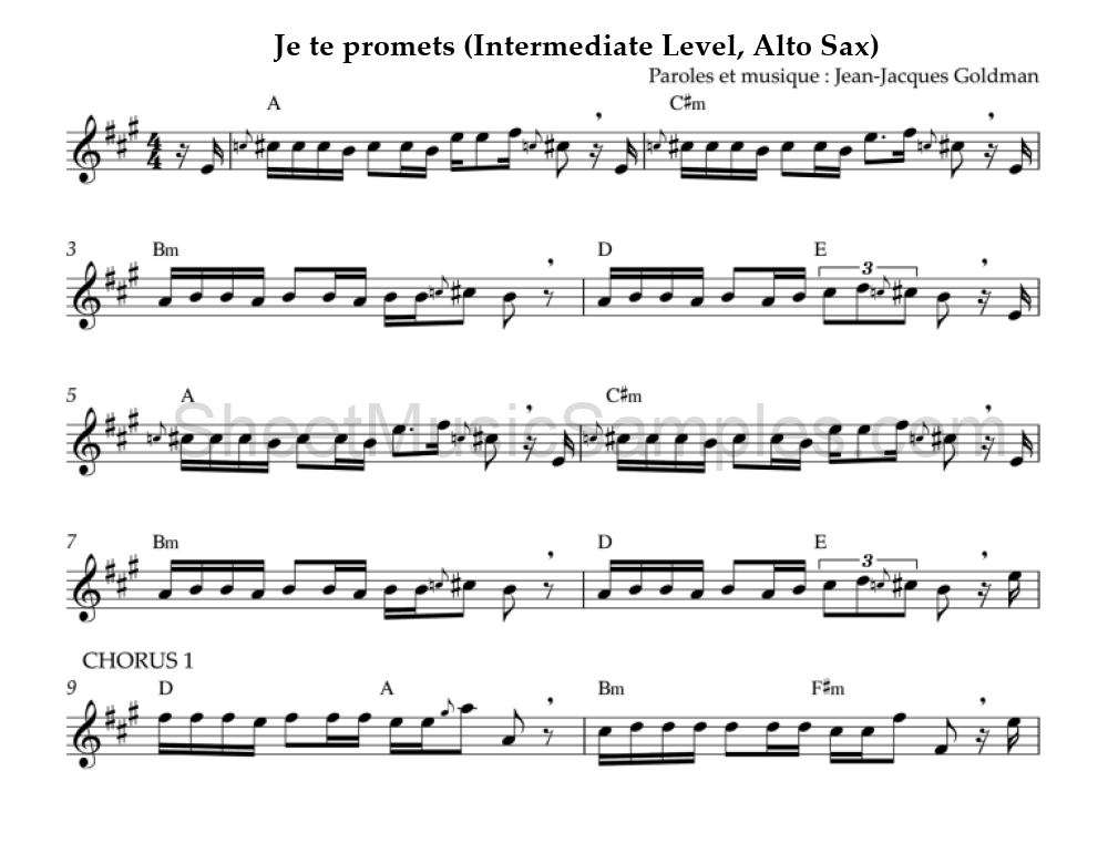 Je te promets (Intermediate Level, Alto Sax)