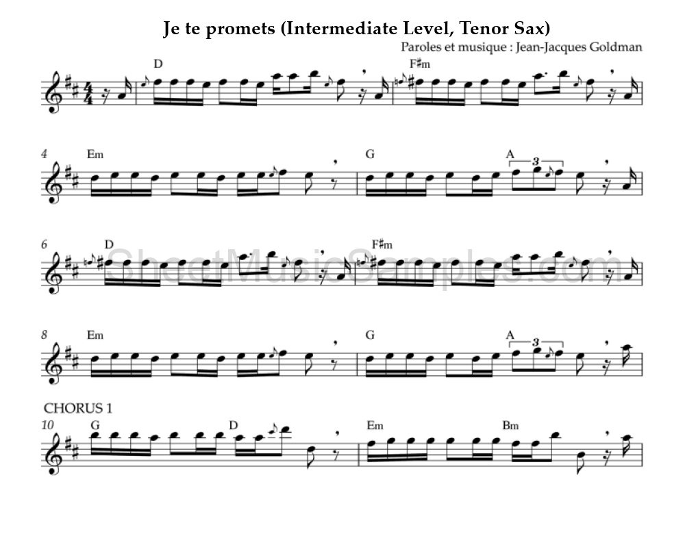 Je te promets (Intermediate Level, Tenor Sax)