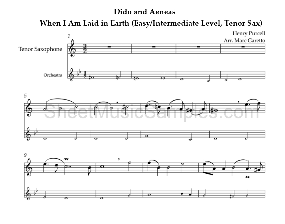 Dido and Aeneas - When I Am Laid in Earth (Easy/Intermediate Level, Tenor Sax)