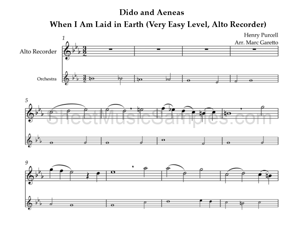 Dido and Aeneas - When I Am Laid in Earth (Very Easy Level, Alto Recorder)