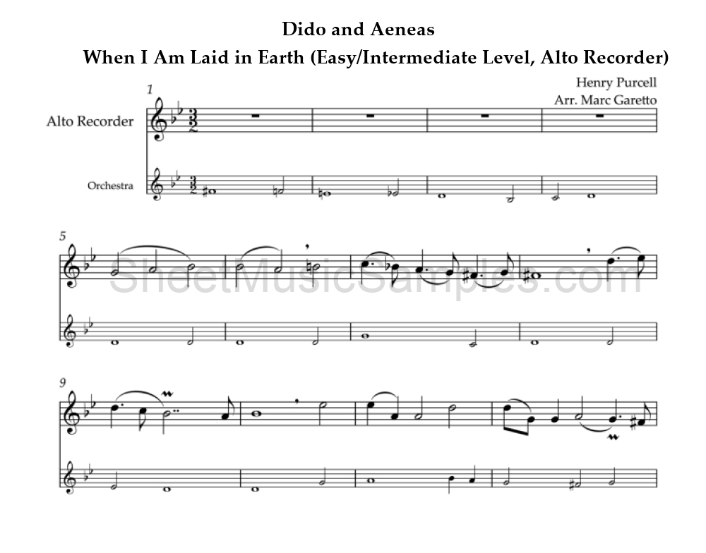 Dido and Aeneas - When I Am Laid in Earth (Easy/Intermediate Level, Alto Recorder)