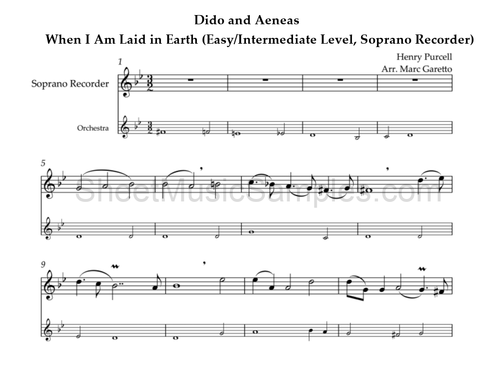 Dido and Aeneas - When I Am Laid in Earth (Easy/Intermediate Level, Soprano Recorder)