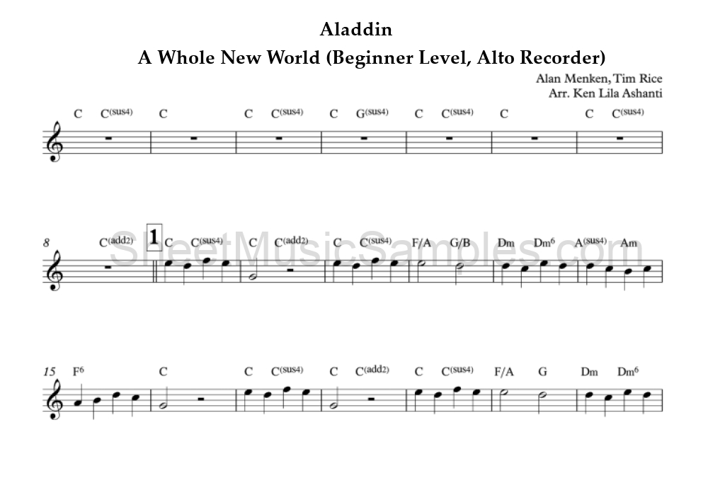 Aladdin - A Whole New World (Beginner Level, Alto Recorder)