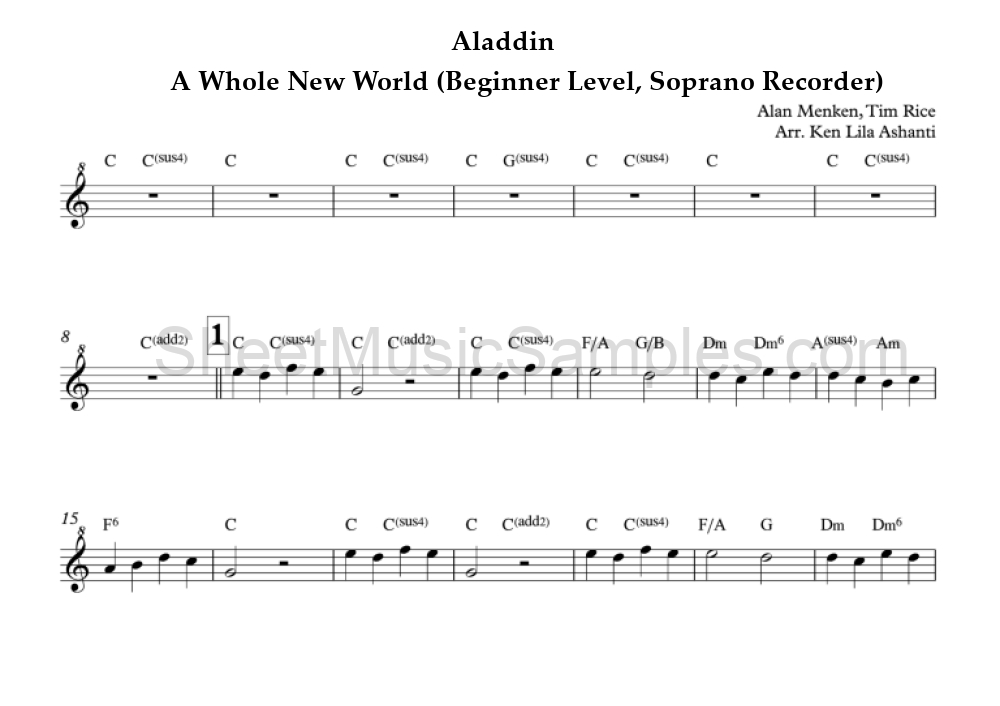 Aladdin - A Whole New World (Beginner Level, Soprano Recorder)