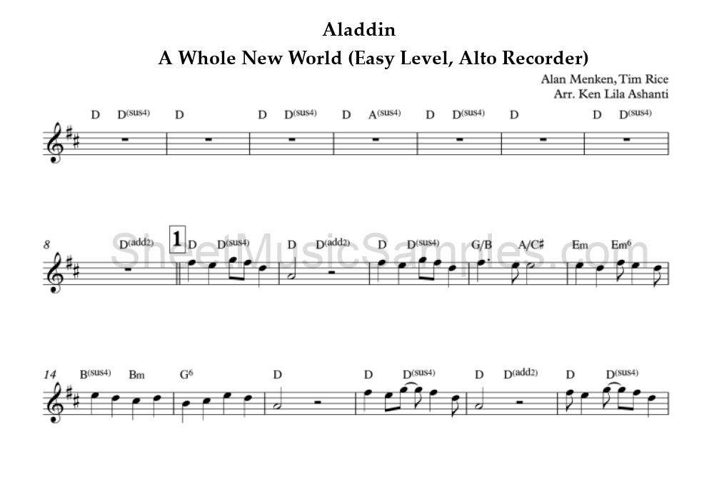 Aladdin - A Whole New World (Easy Level, Alto Recorder)