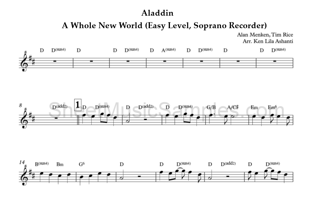 Aladdin - A Whole New World (Easy Level, Soprano Recorder)