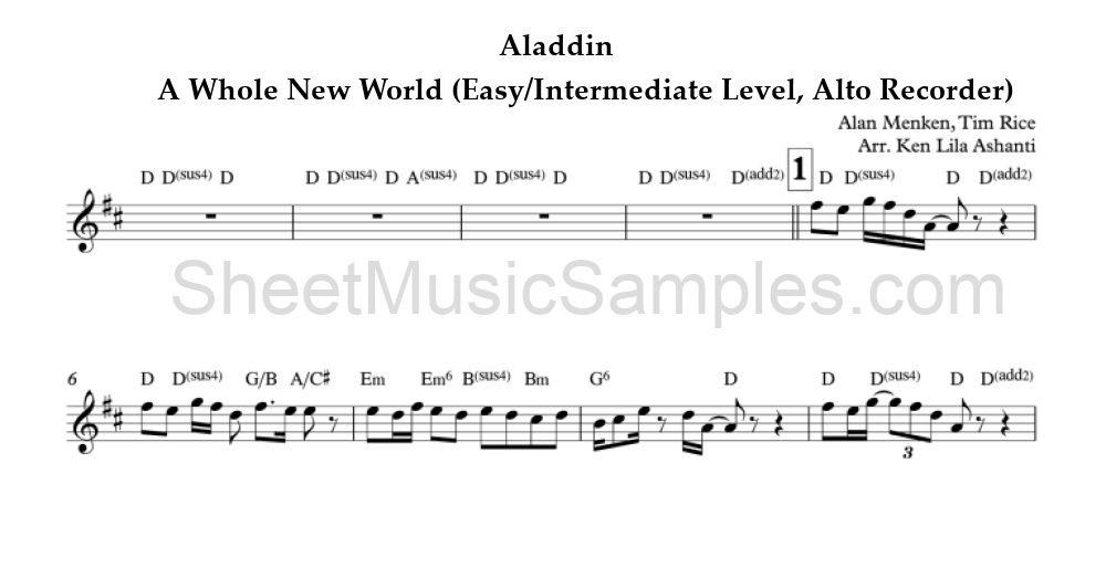 Aladdin - A Whole New World (Easy/Intermediate Level, Alto Recorder)