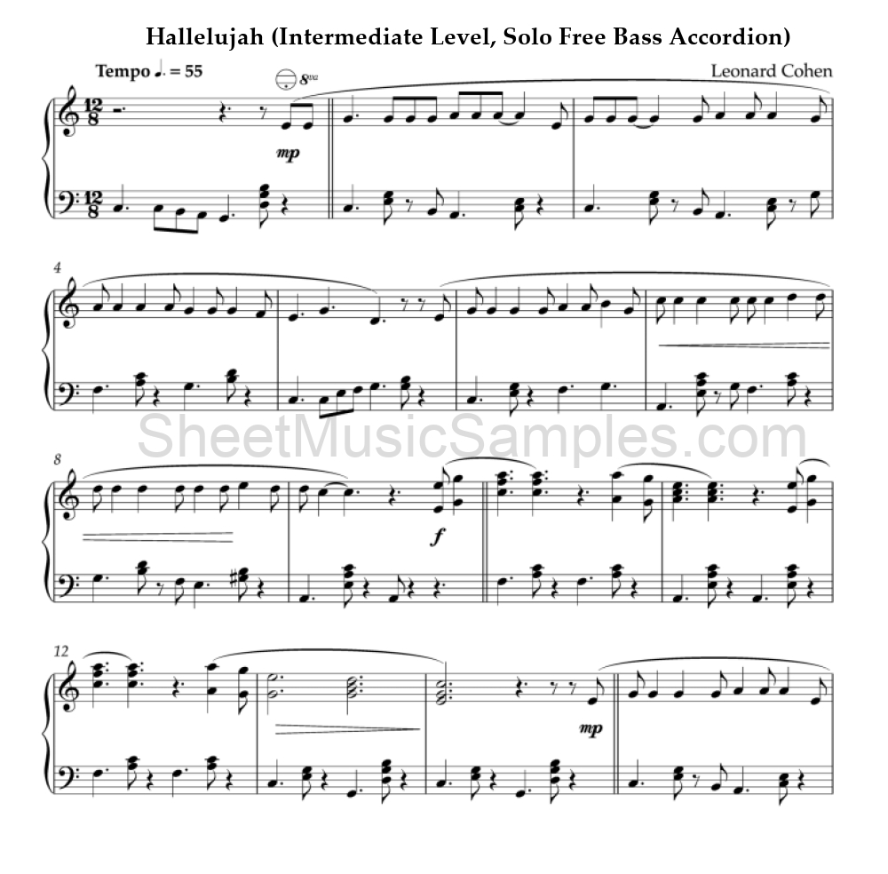 Hallelujah (Intermediate Level, Solo Free Bass Accordion)