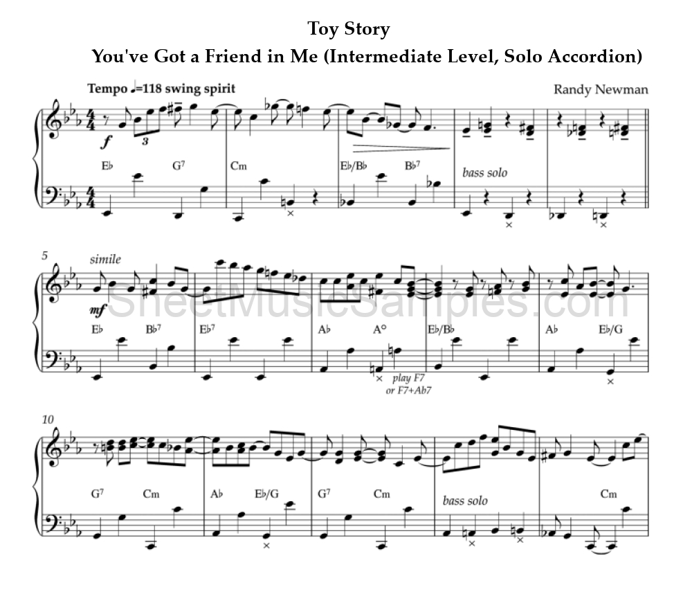 Toy Story - You've Got a Friend in Me (Intermediate Level, Solo Accordion)