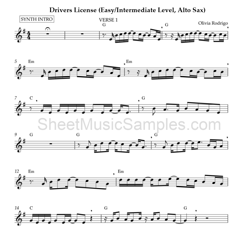 Drivers License (Easy/Intermediate Level, Alto Sax)