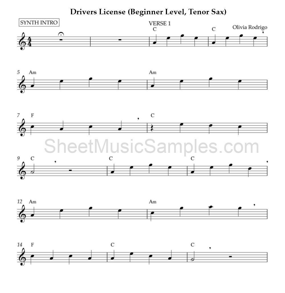 Drivers License (Beginner Level, Tenor Sax)