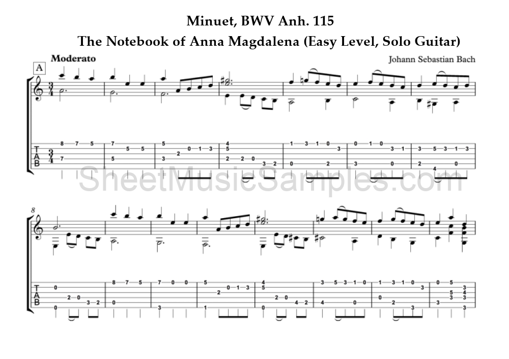 Minuet, BWV Anh. 115 - The Notebook of Anna Magdalena (Easy Level, Solo Guitar)