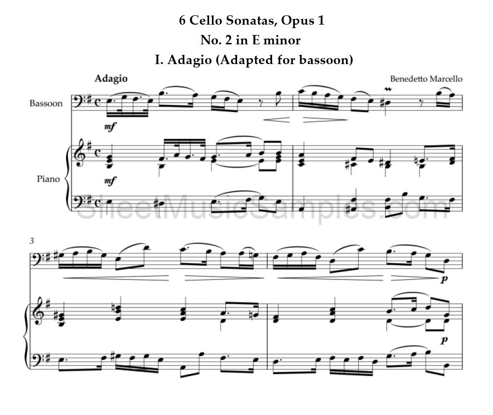 6 Cello Sonatas, Opus 1 - No. 2 in E minor - I. Adagio (Adapted for bassoon)