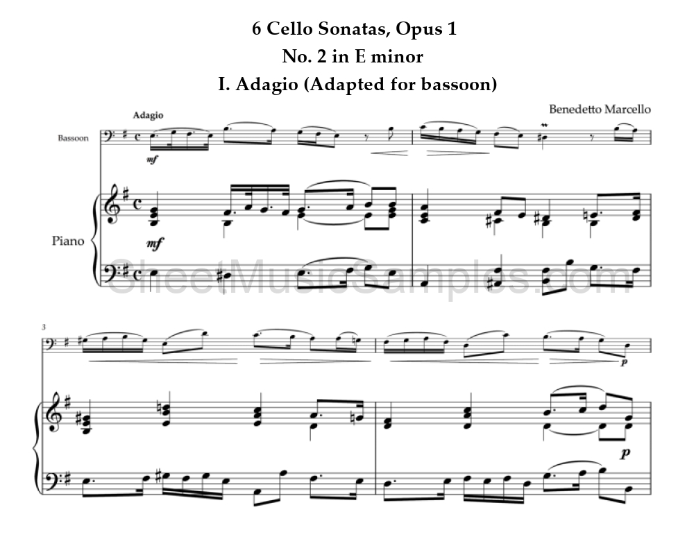 6 Cello Sonatas, Opus 1 - No. 2 in E minor - I. Adagio (Adapted for bassoon)