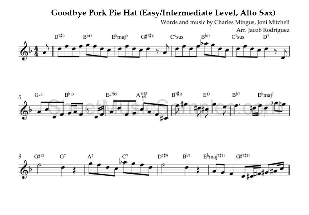 Goodbye Pork Pie Hat (Easy/Intermediate Level, Alto Sax)