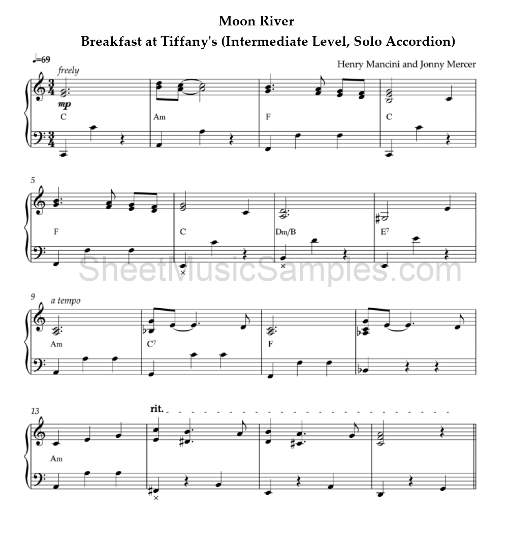 Moon River - Breakfast at Tiffany's (Intermediate Level, Solo Accordion)