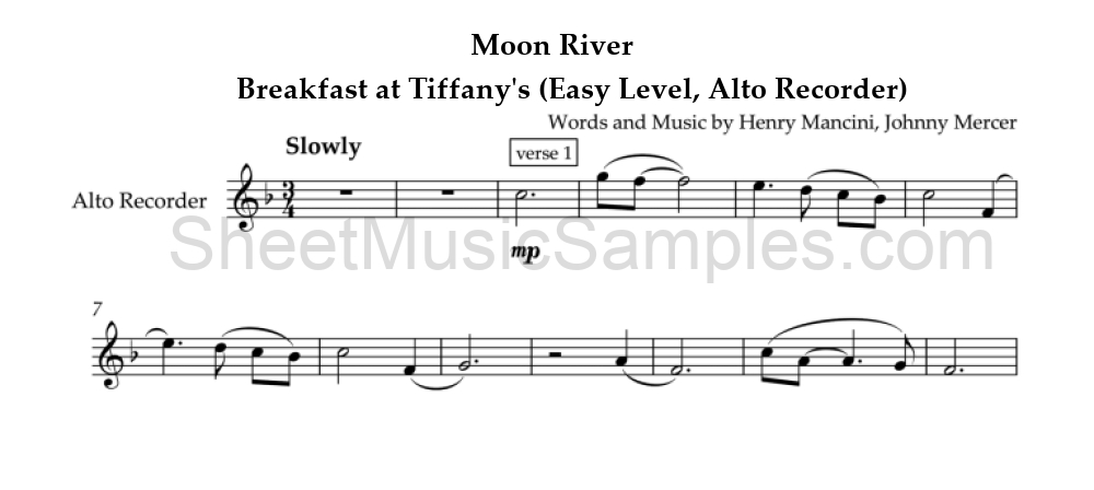 Moon River - Breakfast at Tiffany's (Easy Level, Alto Recorder)