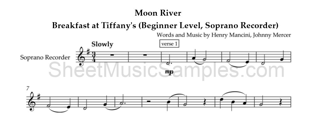 Moon River - Breakfast at Tiffany's (Beginner Level, Soprano Recorder)