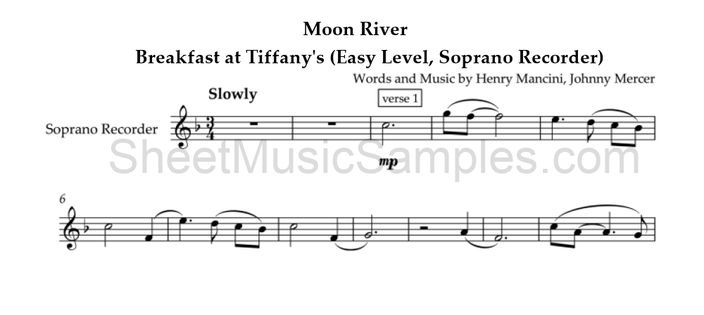 Moon River - Breakfast at Tiffany's (Easy Level, Soprano Recorder)