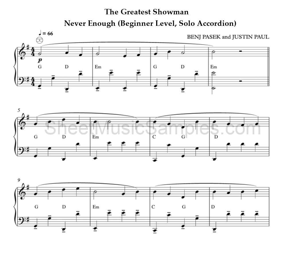 The Greatest Showman - Never Enough (Beginner Level, Solo Accordion)