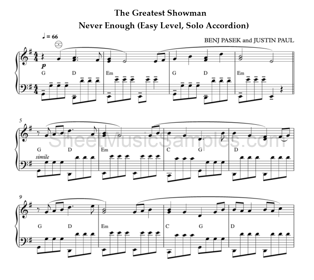 The Greatest Showman - Never Enough (Easy Level, Solo Accordion)