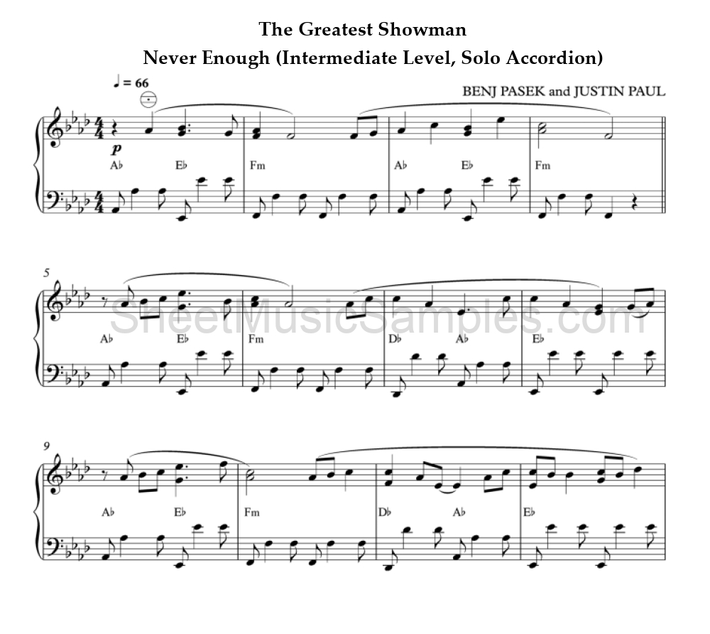 The Greatest Showman - Never Enough (Intermediate Level, Solo Accordion)