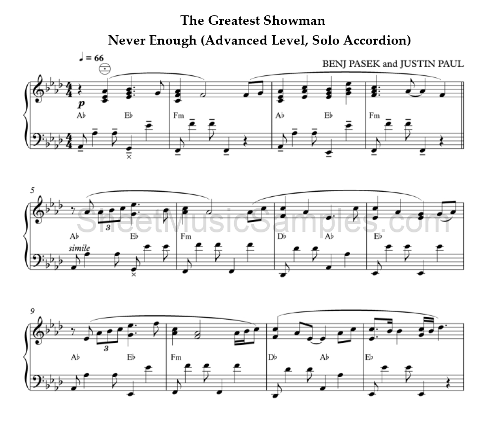 The Greatest Showman - Never Enough (Advanced Level, Solo Accordion)