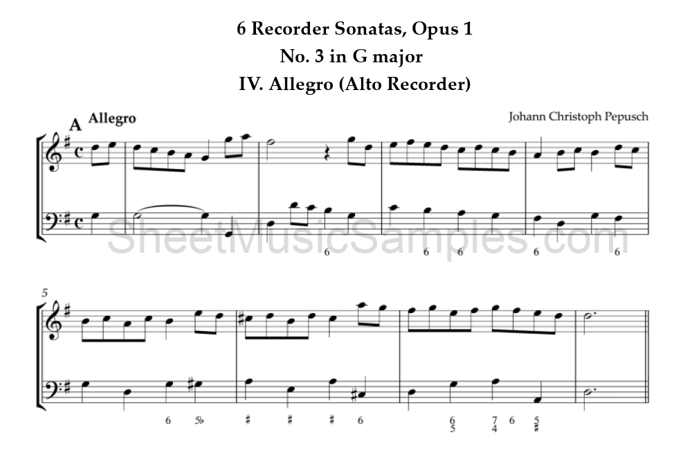 6 Recorder Sonatas, Opus 1 - No. 3 in G major - IV. Allegro (Alto Recorder)