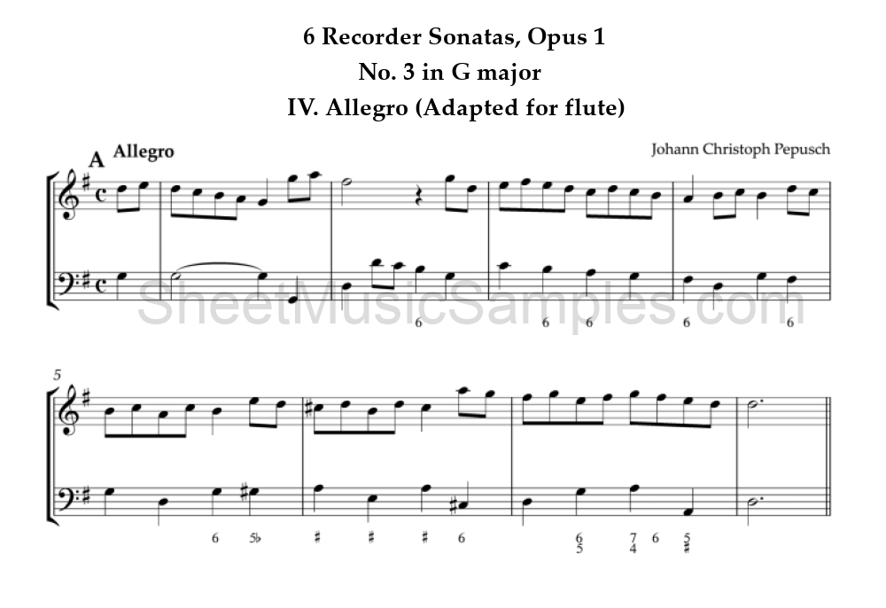 6 Recorder Sonatas, Opus 1 - No. 3 in G major - IV. Allegro (Adapted for flute)