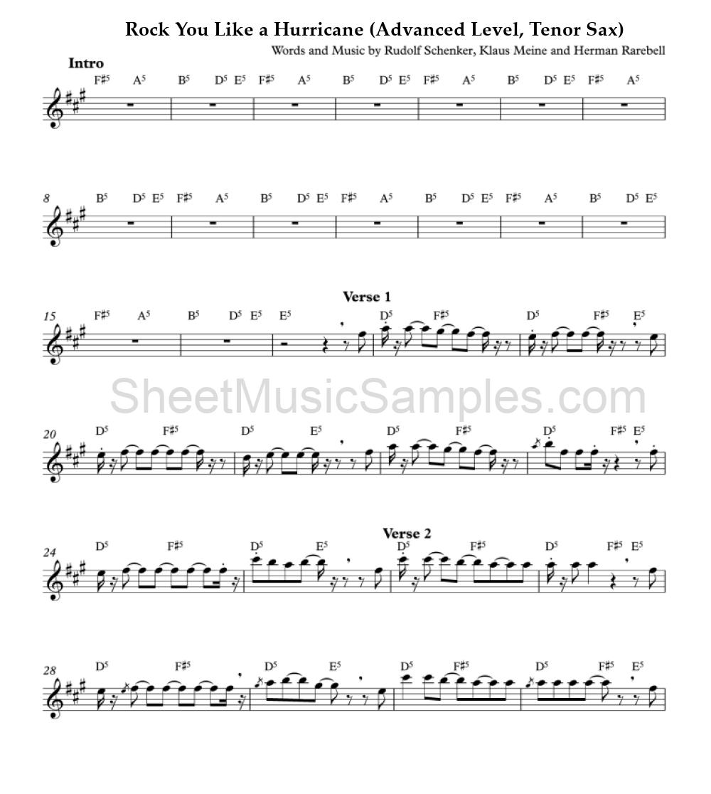 Rock You Like a Hurricane (Advanced Level, Tenor Sax)