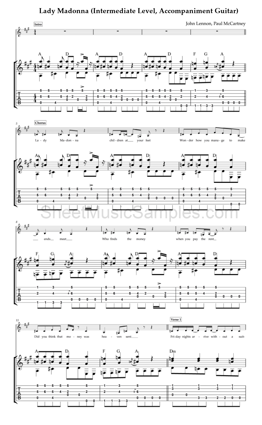 Lady Madonna (Intermediate Level, Accompaniment Guitar)