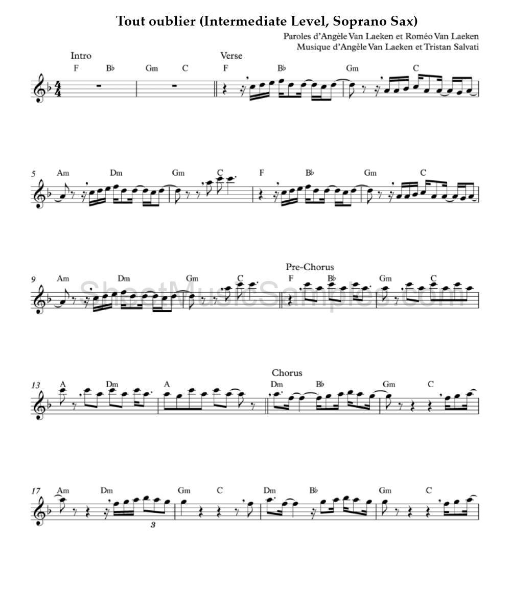 Tout oublier (Intermediate Level, Soprano Sax)